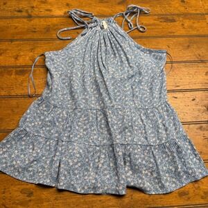 Lazy Sundays Blue Floral Tiered Halter Tank‎ Top Size L Made in USA